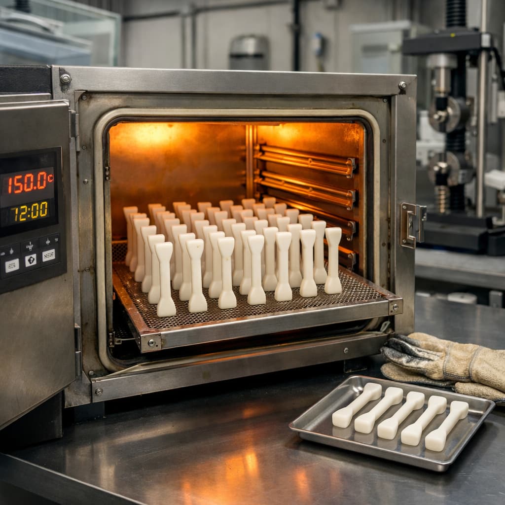 Nylon thermal aging test samples in laboratory oven